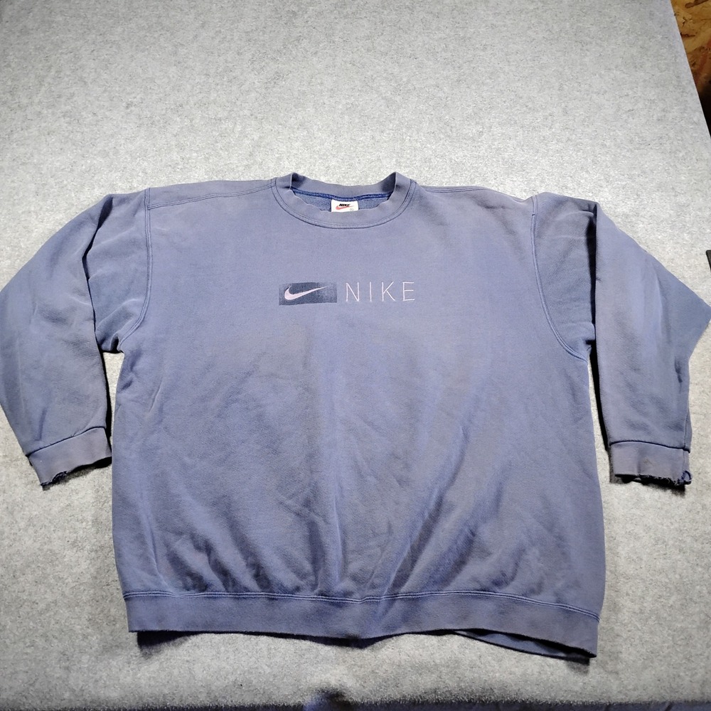 Vintage Nike Swoosh Crewneck Sweatshirt XL Blue Made in USA 90s Distressed